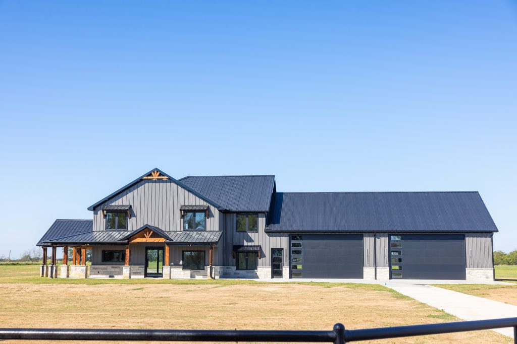 front of a barndominium building