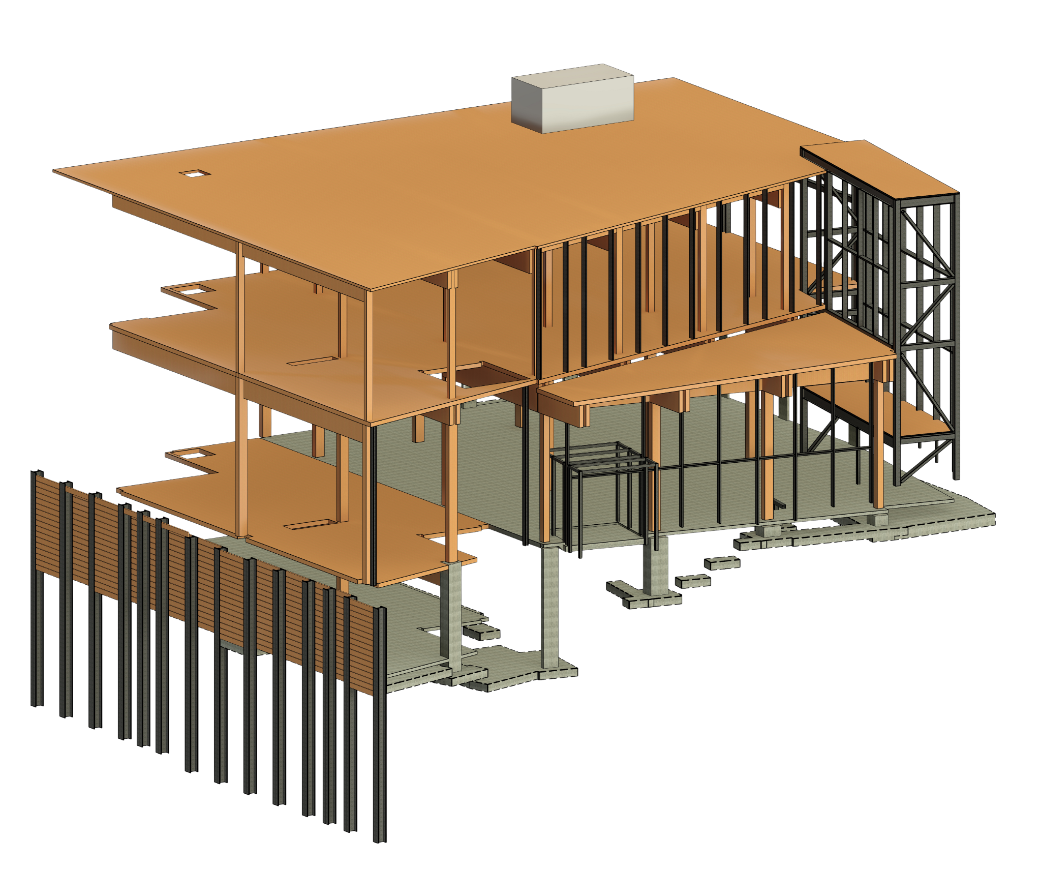 3D structural framing model for Fotofocus in Cincinnati, Ohio, with steel columns, floor framing, cross-braced stair tower, and pile foundation system